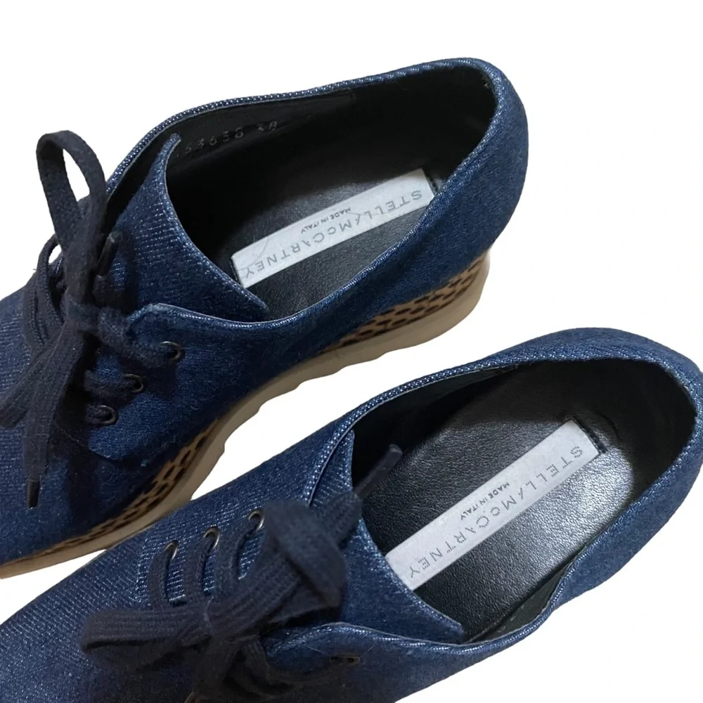 Stella McCartney Elyse Platform Denim Blue Beige Polka Dot Shoes Women's 38 or 8 - Picture 2 of 6
